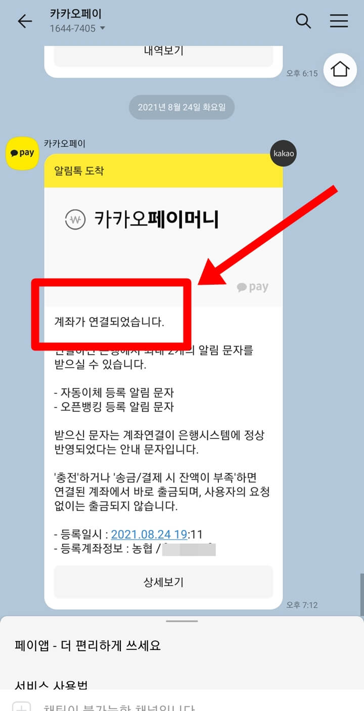 카카오-페이의-약관에-동의를하면-카카오톡으로-연결되었다는-메시지가-온다