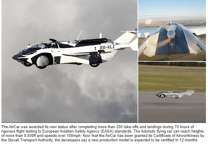  도로용 차량에서 3분 내 비행기로 변신 듀얼모드 '에어카'  VIDEO: Futuristic flying 'AirCar' on test flight in Slovakia