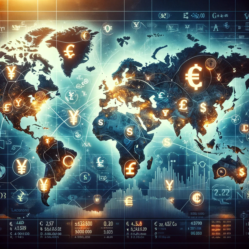 외환시장 캐나다 달러 전망
World map with currency symbols of various countries highlighted, showing global economic connections