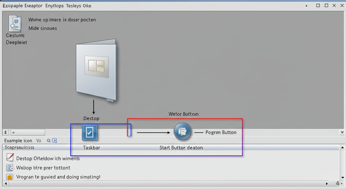 (Image Prompt: Simple diagram or screenshot of the Windows Desktop, clearly labeling the 'Desktop' area, the 'Taskbar' at the bottom, the 'Start Button', and an example 'Program Icon'. Use large, readable labels. Style: Educational diagram.)