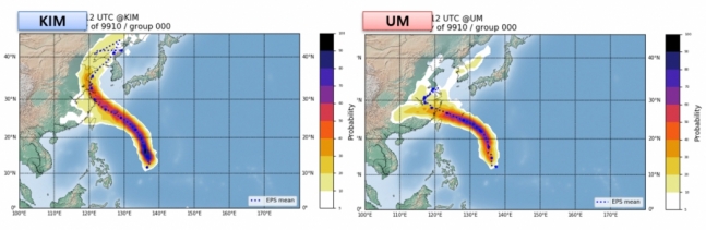 제6호 태풍 &#39;카눈&#39;(KHANUN) 발생 직후인 지난달 28일 한국형 지역수치 예보모델(KIM·좌)과 영국통합모델(UM·우)이 내놓은 예상 경로./사진=기상청 제공