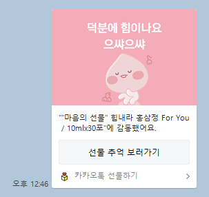  카카오톡 선물하기 받은 힘내라 홍삼정 감동 리뷰