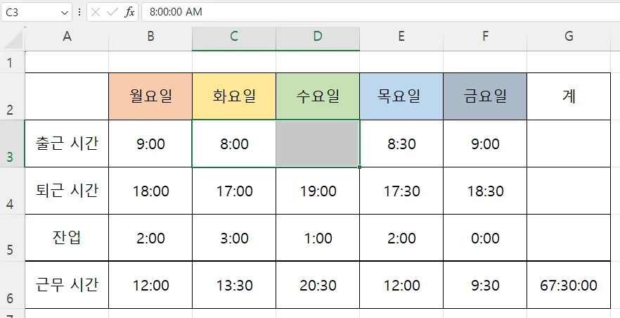 엑셀에서 셀 분할이 된 모습