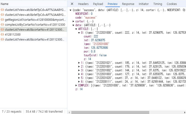 클러스터된 매물 데이터 확인