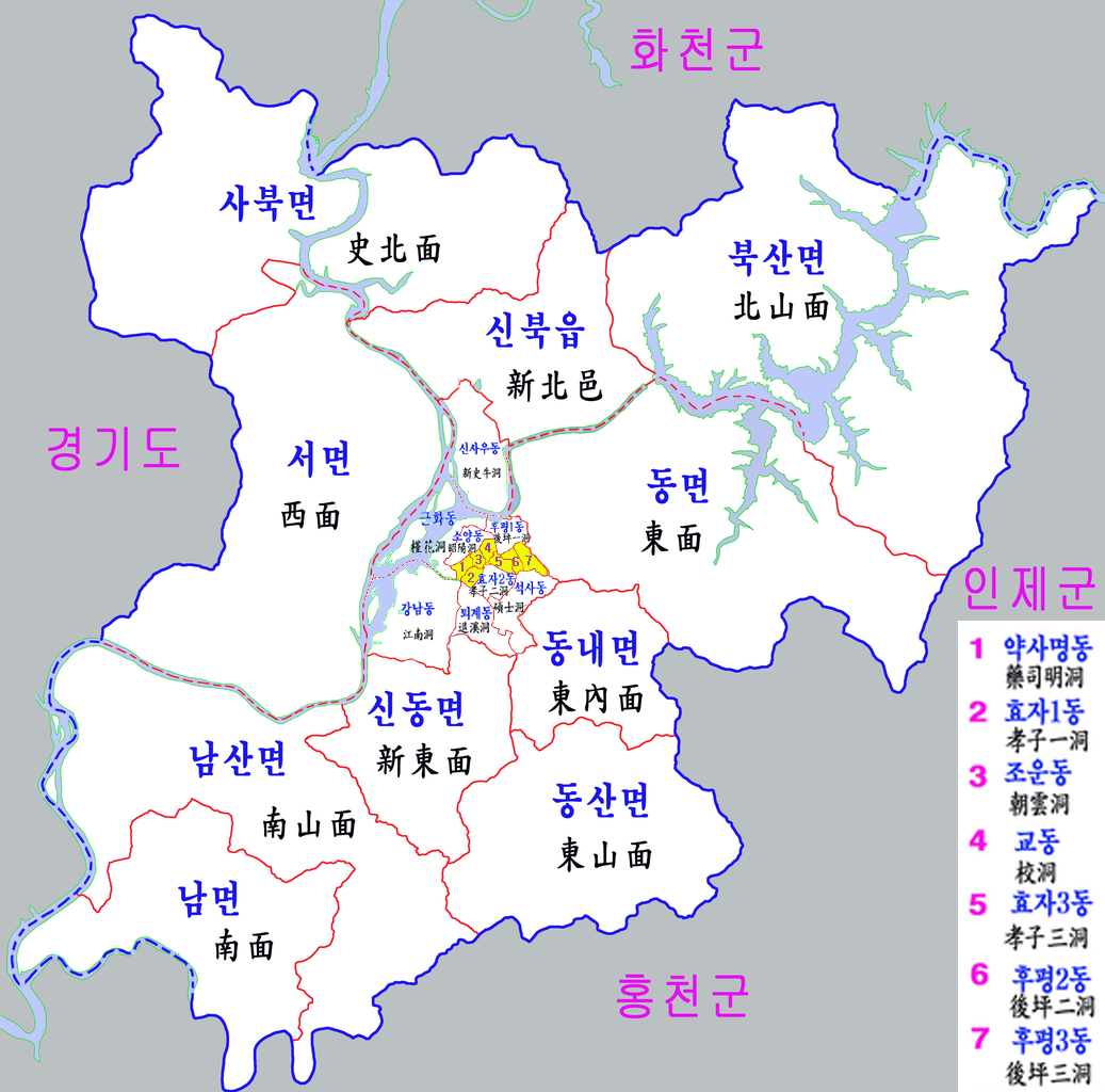 춘천시 행정구역 지도