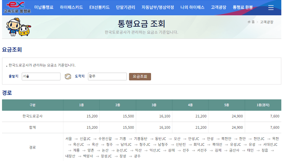  고속도로 통행료와 구간별 통행료 조회 방법