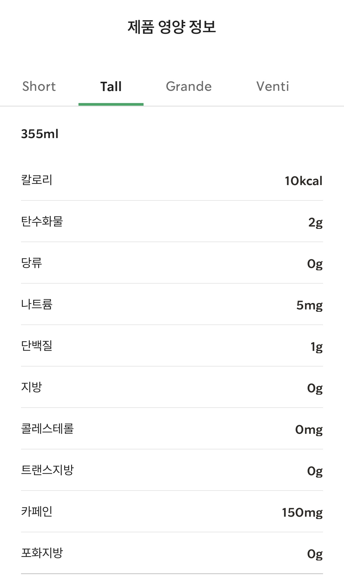 스타벅스오늘의커피vs아메리카노 영양정보 비교