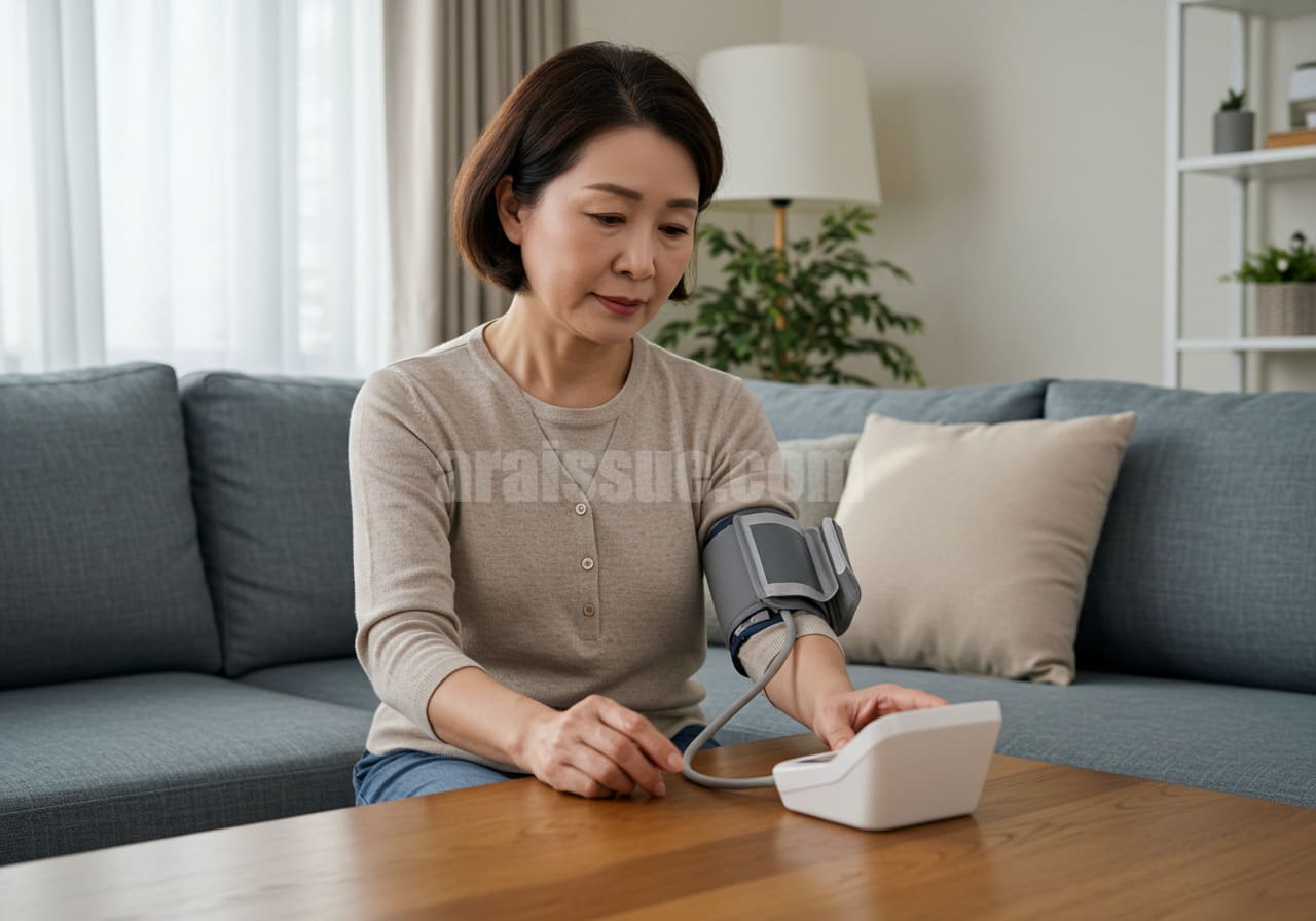 한국 중년 여성이 집에서 디지털 혈압계를 사용해 혈압을 측정하고 있는 장면.
햇살이 드는 깔끔한 거실에서 차분한 표정으로 건강을 점검하는 모습입니다.