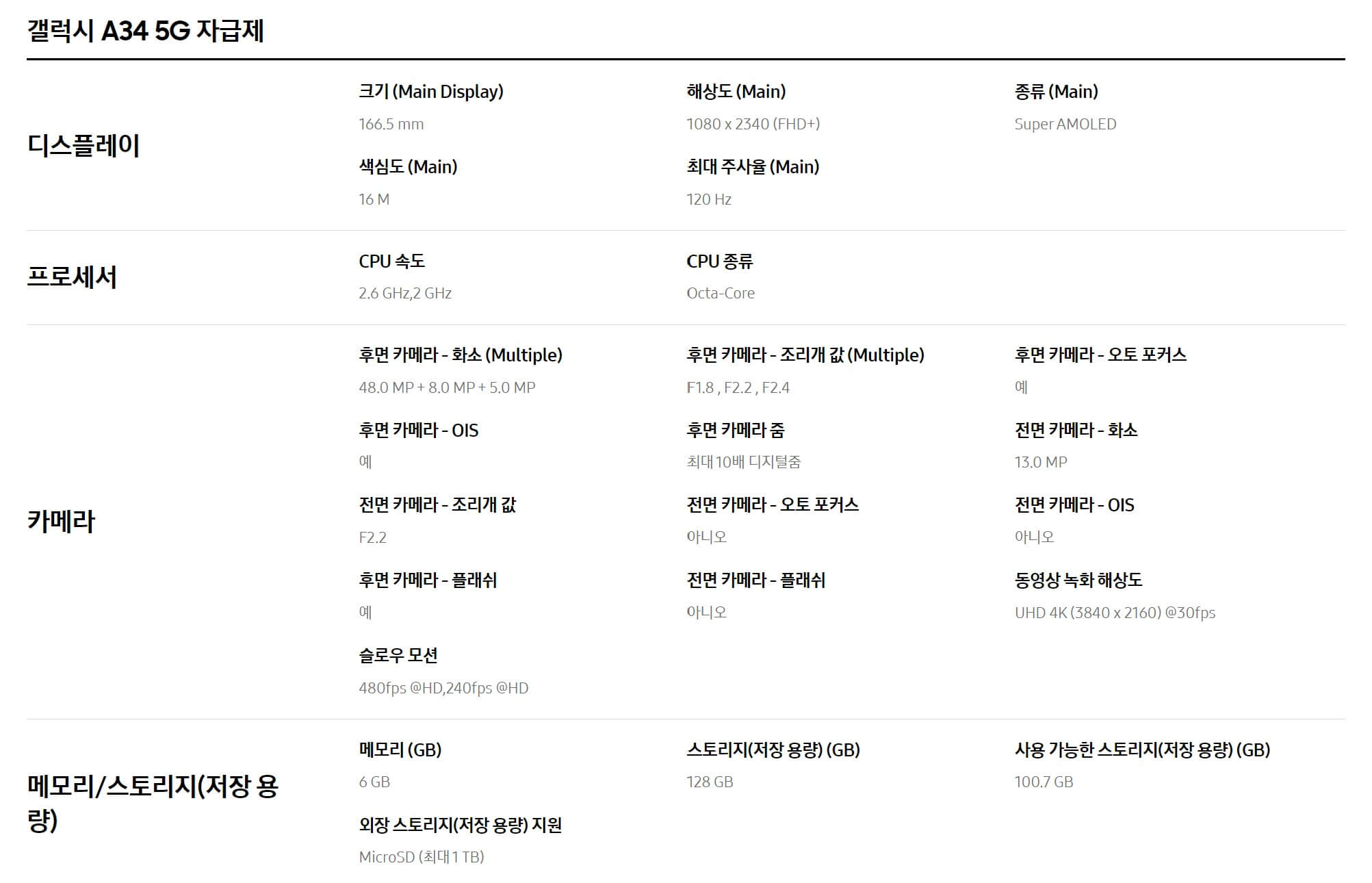 갤럭시 A34 스펙