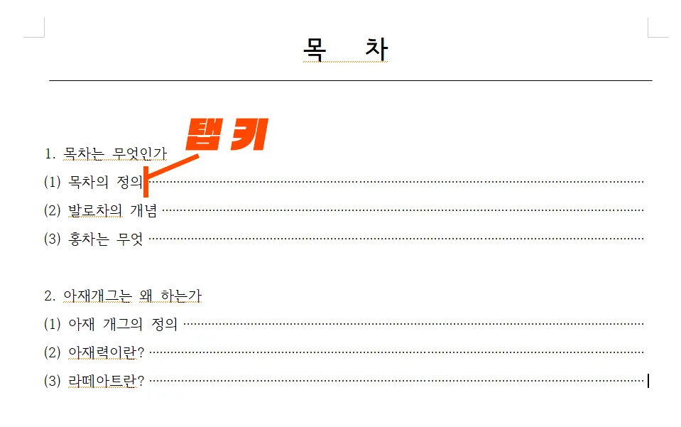 한글에서 목차에서 점선을 입력한 모습
