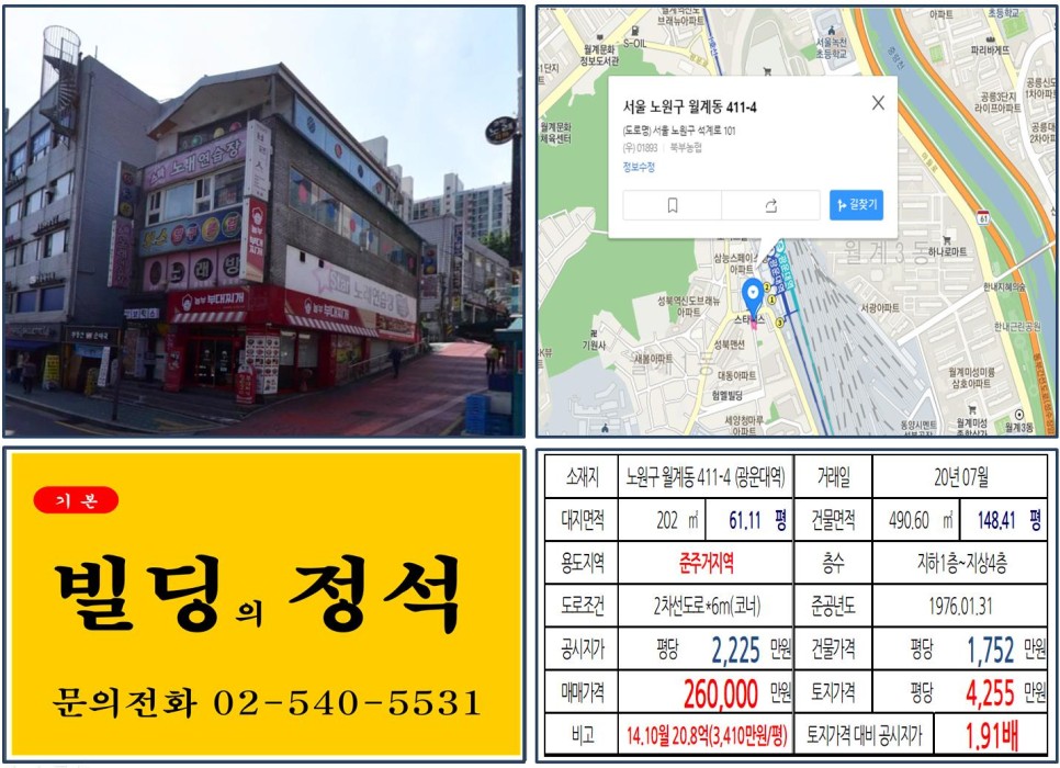  [노원구 광운대 역세권 20억꼬마빌딩 실거래가 조회] 월계동 411-4 (광운대역) 26억 원, 평당 4,255만 원 매매되었습니다. 놀부부대찌