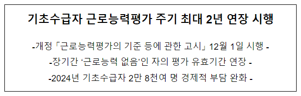  기초수급자 근로능력평가 주기 최대 2년 연장 시행