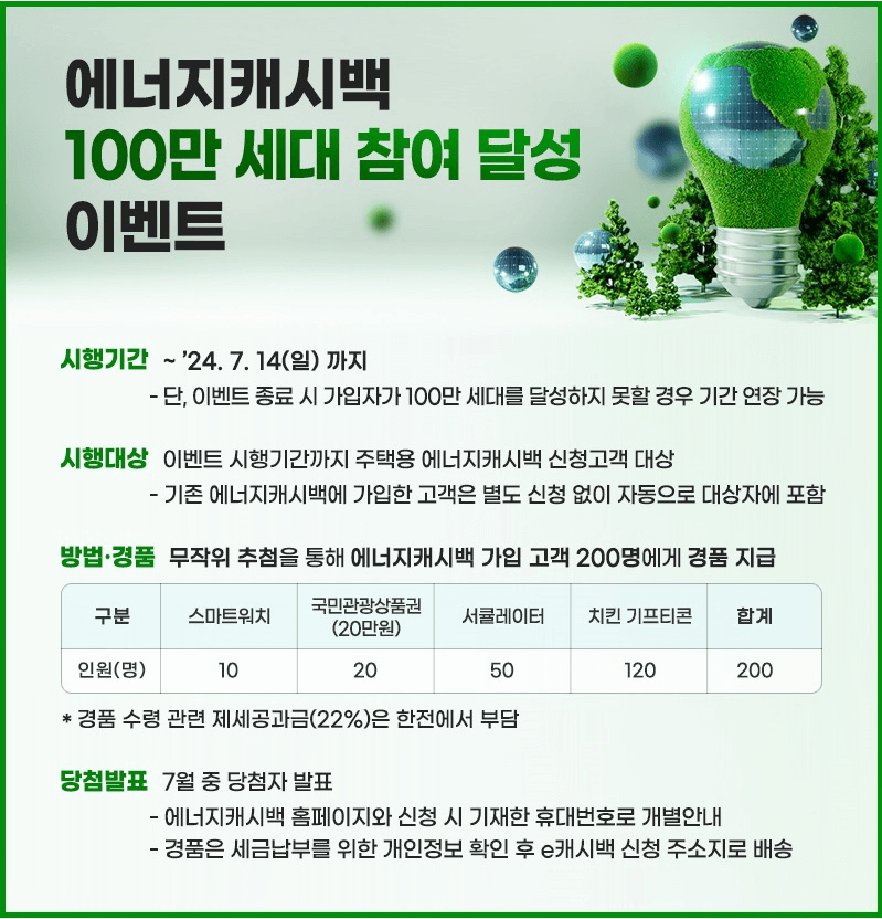 한전에너지캐시백 100만세대 참여 달성 이벤트
