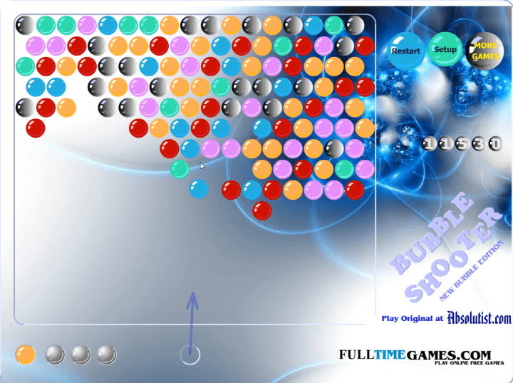 버블슈터-같은색-공맞추기-플래시게임-플레이2-파란색-공이-있는-방향으로-조준하고-발사하는-화면