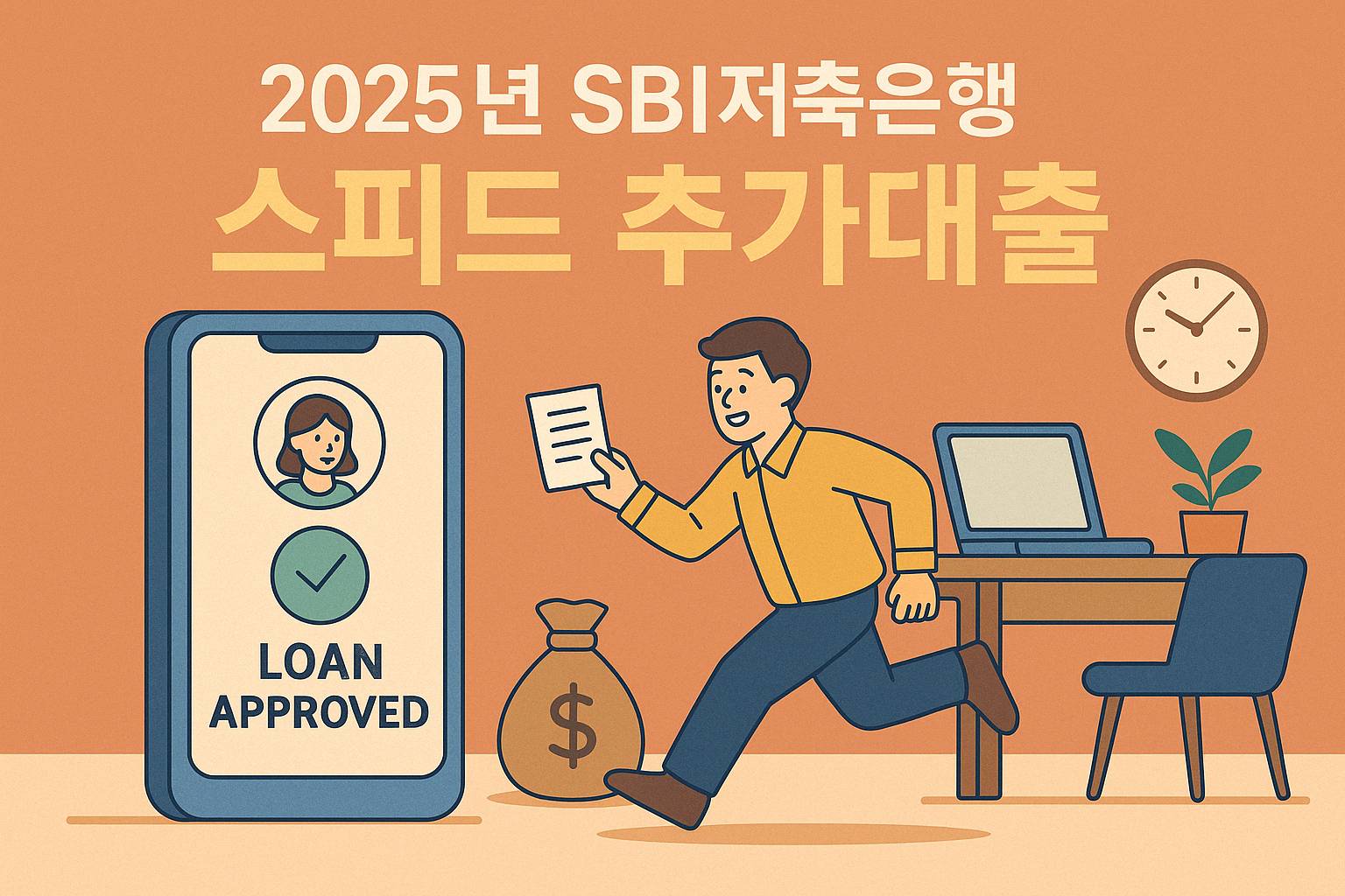 2025년 SBI저축은행 스피드 추가대출 조건과 기존 대출 고객 대상의 신속한 실행 절차를 설명하는 감성 플랫 스타일 일러스트 썸네일 이미지