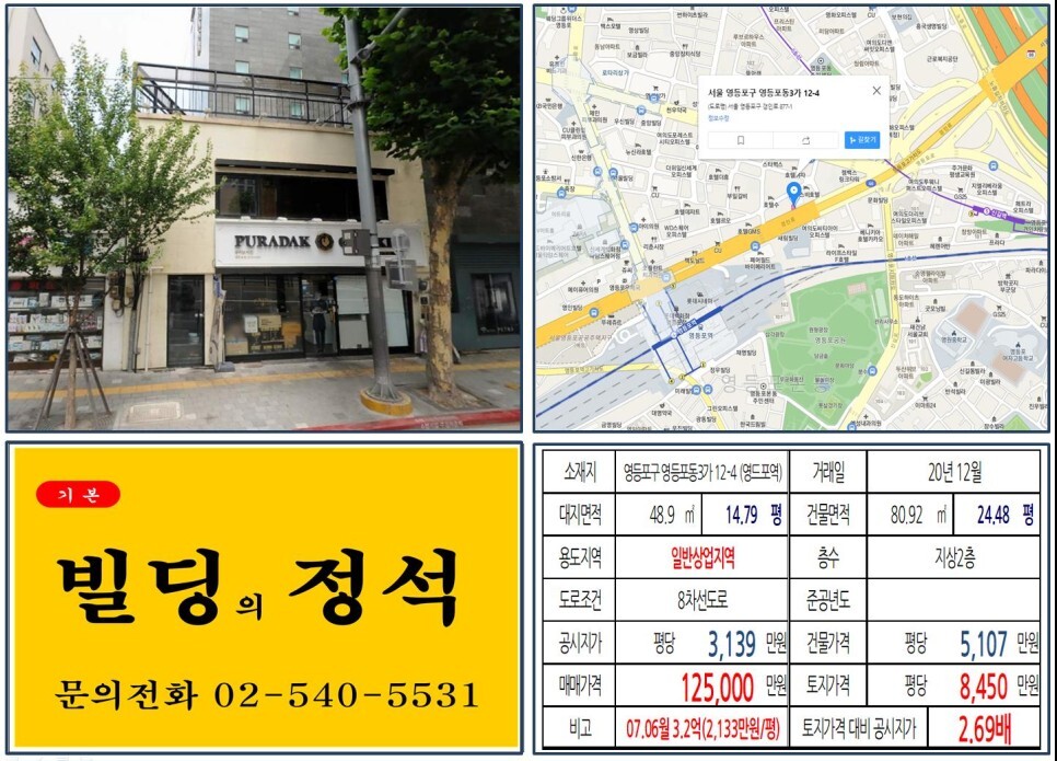  [영등포구 영등포뉴타운 10억 올근생 꼬마빌딩 실거래가 조회] 영등포동3가 12-4 (영등포역) 12.5억 원, 평당 8,450만 원 매매되었습니다. 타임스퀘어, 영등포로타리