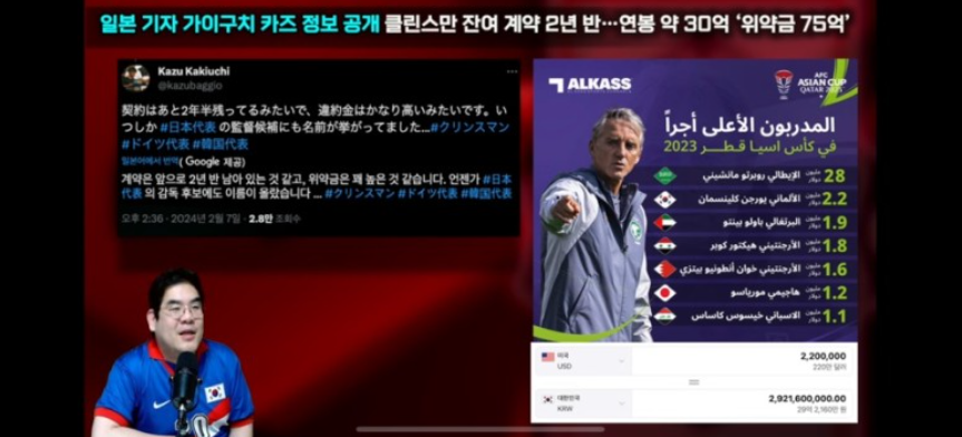 클리스만 위약금이 약 75억이라는 분석을 하는 한 유튜버