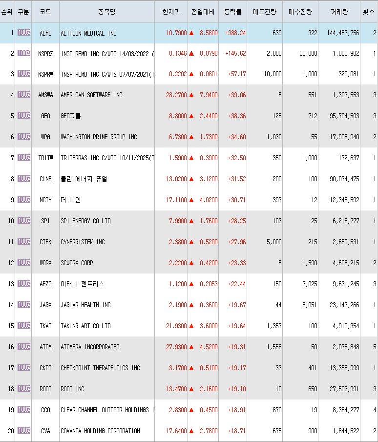  6월9일 미국주식 상승률 상위 종목 TOP 300