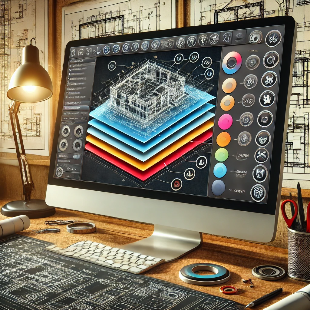 다양한 레이어가 강조된 CAD 작업 공간에서 건축 도면을 보여주는 컴퓨터 화면과 CAD 소프트웨어를 사용하는 사람.