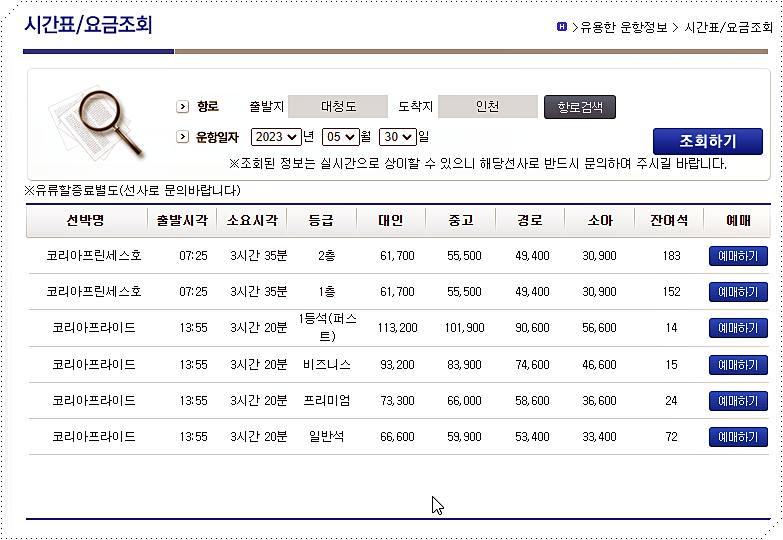 인천 ↔ 대청도 배시간표 및 요금 2