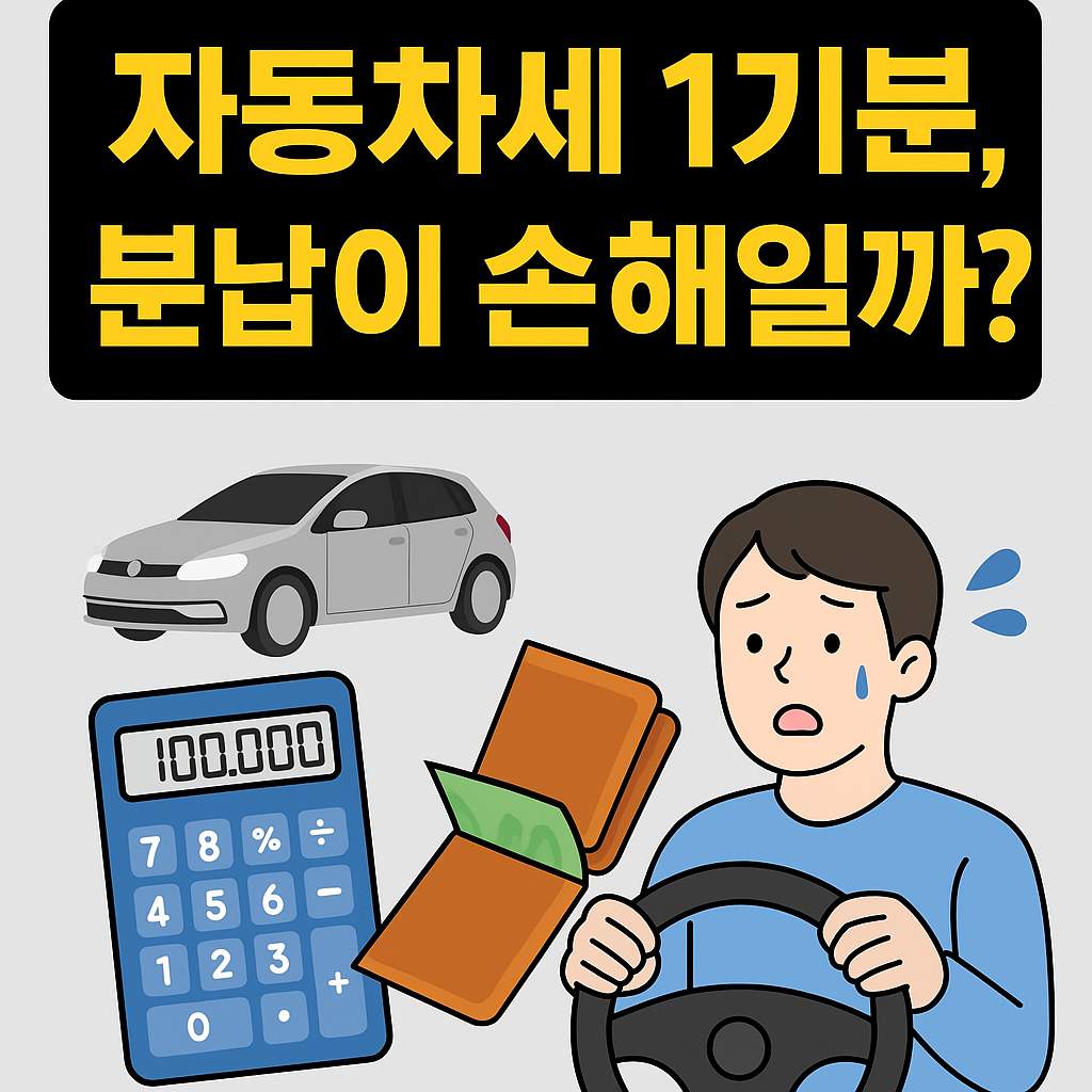 2025년 자동차세 1기분 납부 방식에 대한 고민을 시각화한 썸네일로, 차량, 계산기, 반으로 나뉜 지갑, 걱정하는 운전자 캐릭터가 포함된 절세 정보형 이미지입니다.