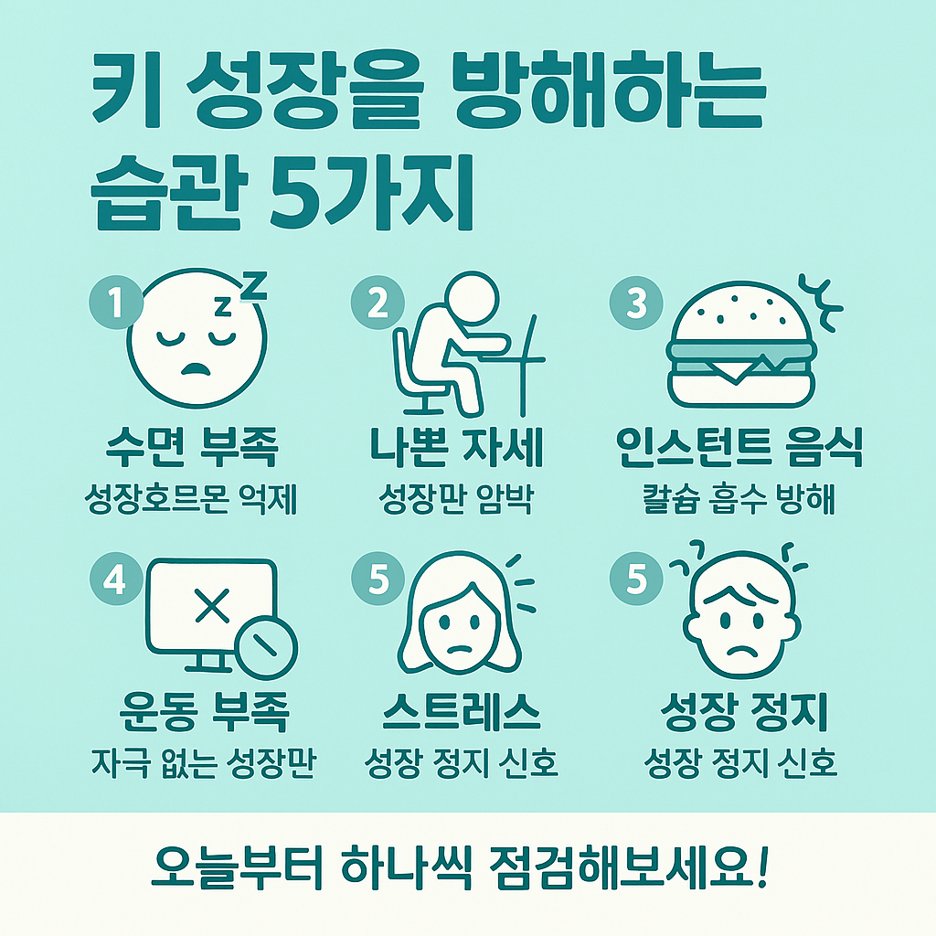 키 성장을 방해하는 다섯 가지 습관을 요약한 인포그래픽 이미지, 수면 부족, 나쁜 자세, 인스턴트 식품, 운동 부족, 스트레스 항목 포함