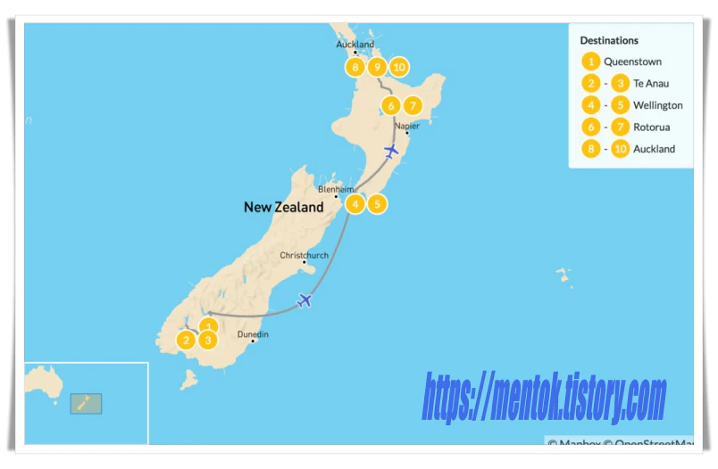 뉴질랜드 하이라이트 지도 - 10일