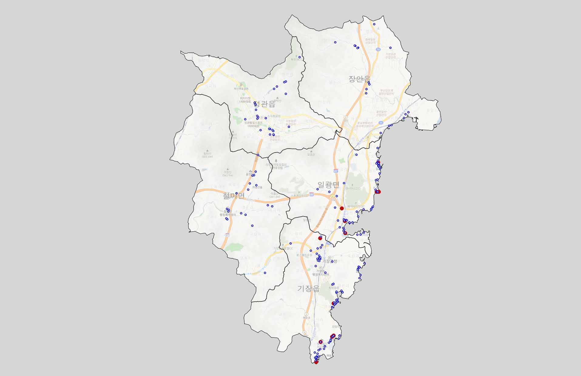 부산 기장군 맛집 분포도