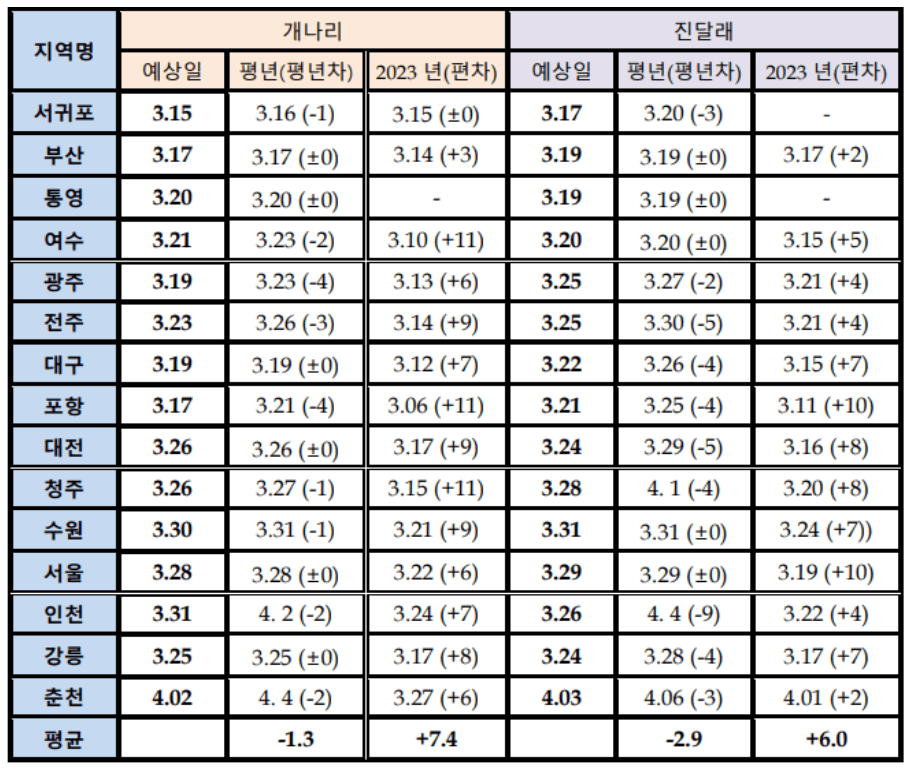 2024년 벚꽃 봄꽃 개화시기