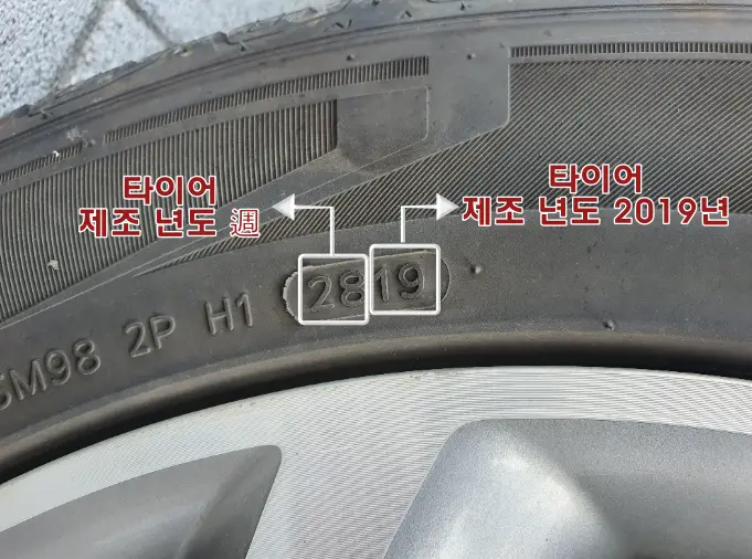 타이어 교체-
검은색 타이어 옆면 볼록 나온 숫자 2819
29에 흰색네모 후 흰 화살표 끝 흰테두리 빨간글씨 타이어 제조년도 週
19에 흰색네모 후 흰화살표 끈 흰테두리 빨간글씨 타이어 제조년도 2019년