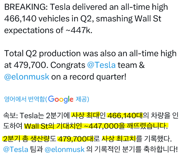 2분기 테슬라 인도량&#44; 생산량 사상최고치 기록