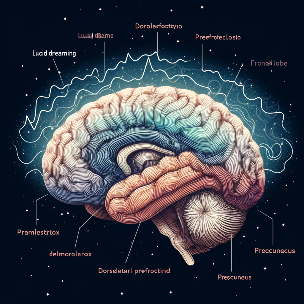 자각몽과 관련된 뇌의 전두엽 및 기타 영역을 보여주는 그림입니다. 이미지는 뇌파와 신경