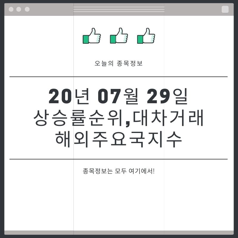  20년 07월 29일 주요국지수및 대차거래와 오늘의 상승순위