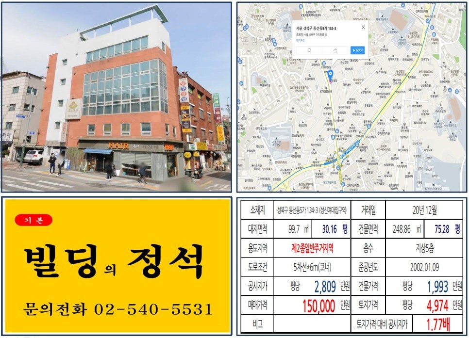  [성북구 올근생 10억 꼬마빌딩 실거래가 조회] 동선동5가 134-3 (성신여대역) 15억 원, 평당 4,974만 원 매매되었습니다. 동북선 경전철, 장위뉴타운, 돈암6구역 재개발
