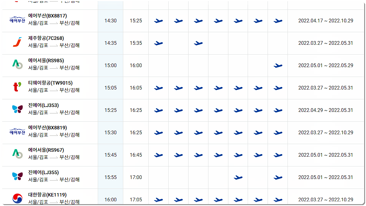 서울 김포 → 부산 김해 비행기 시간표 4