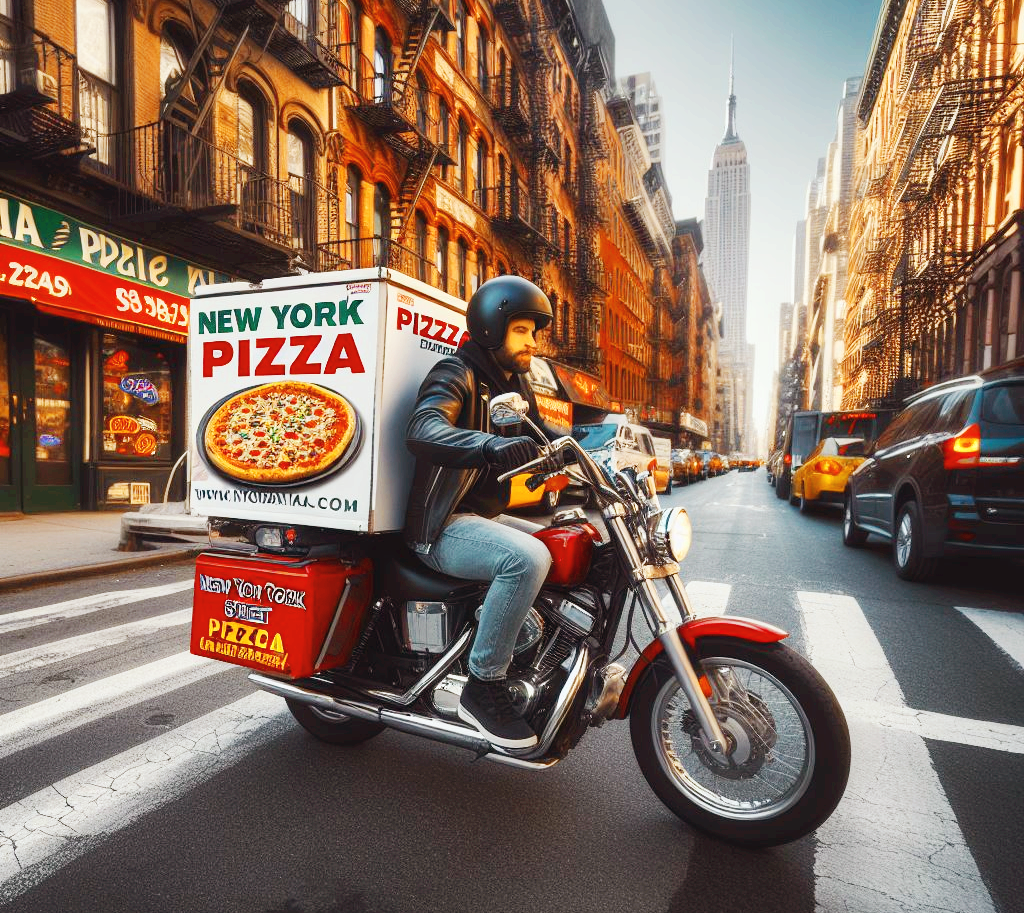 뉴욕의 한 거리 피자를 급하게 배달하는 배달부의 모습입니다. 헬맷과 가죽자켓을 걸쳐서 안전해 보여요