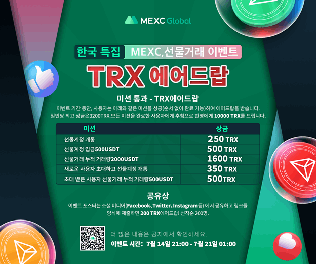  MEXC 선물거래 이벤트 최대 3200TRX 에어드랍