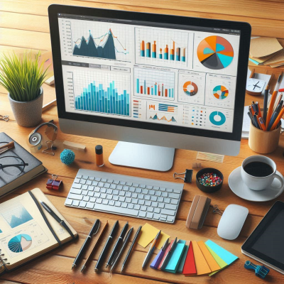 차트와 그래프를 보여주는 컴퓨터 화면, 데이터 분석 도구들이 화면에 있습니다.