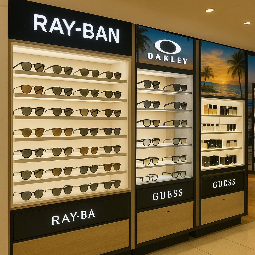 칸쿤 공항 면세점 선글라스 진열대(Ray-Ban, Oakley 등 브랜드 로고와 제품이 함께 보이는 진열 모습,
여름 분위기와 리조트 감성이 느껴지는 조명/배경 포함)