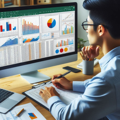 데이터 분석에 집중하는 사람들, 컴퓨터 화면에 다양한 차트 표시