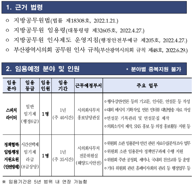부산광역시의회 임기제공무원(스피치라이터&#44; 안전방재분야) 임용
