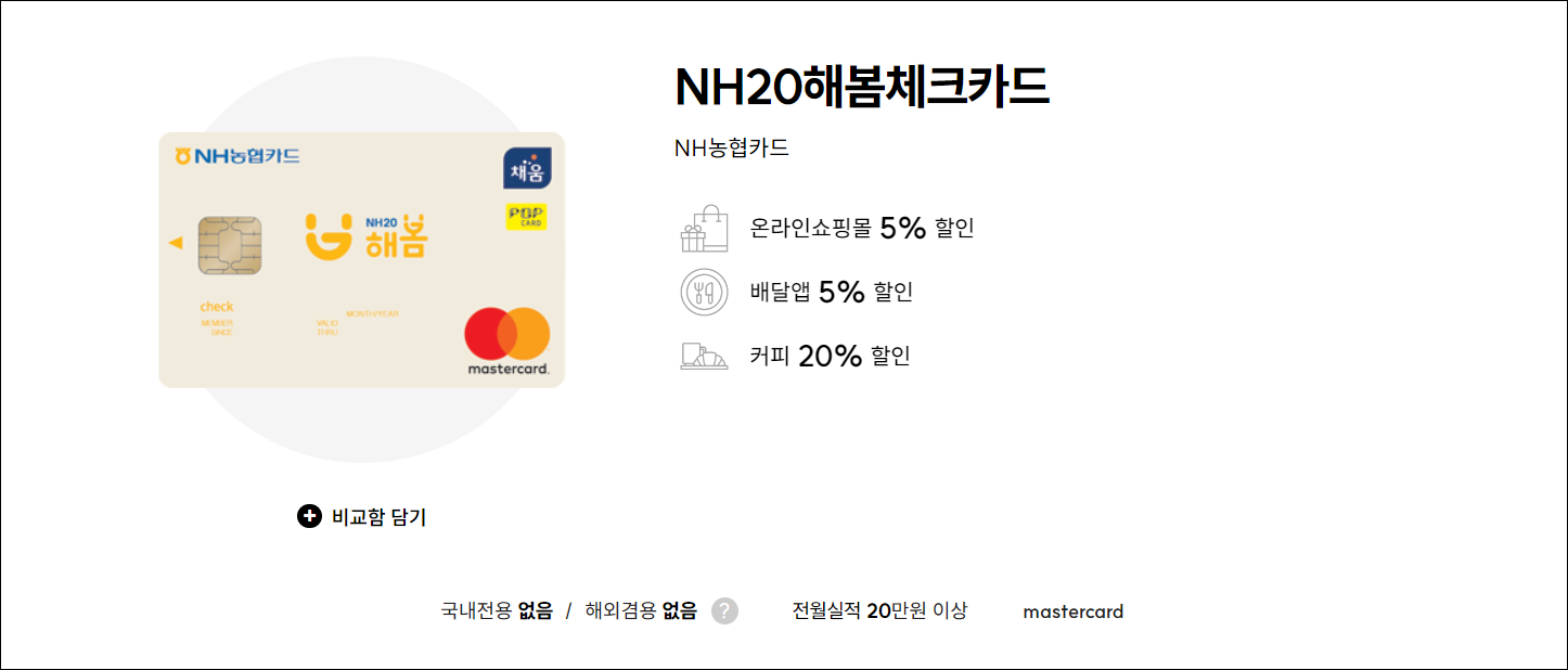 NH농협카드의 NH20 해봄 체크카드로 온라인 쇼핑몰 5% 할인&#44; 배달앱 5% 할인&#44; 커피 20% 할인 혜택에 제공