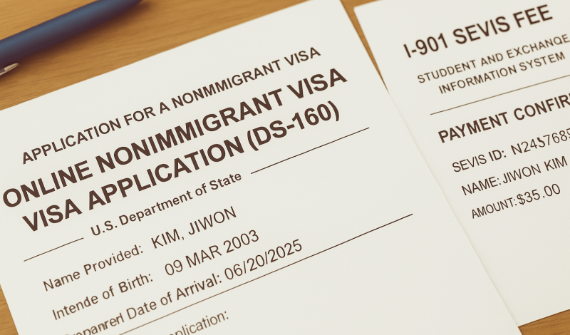 DS-160 visa application and I-901 SEVIS Fee receipt with arrival date and applicant details