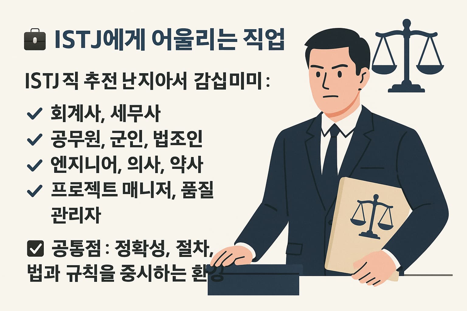 ISTJ에게 적합한 직업과 정장을 입은 남성 법조인 일러스트