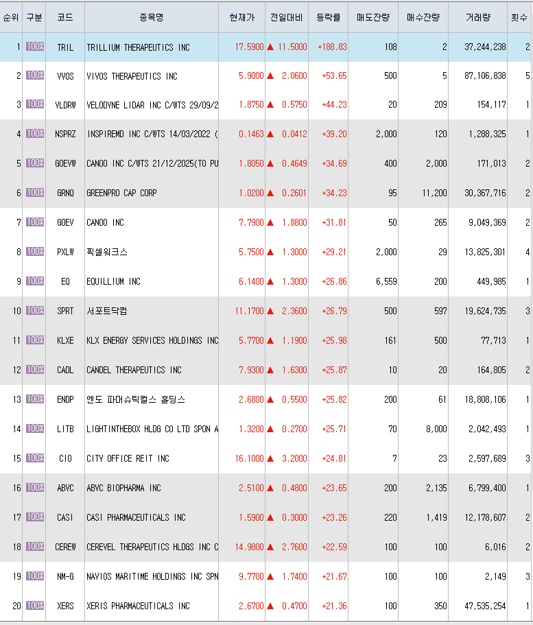  8월23일 미국주식 상승률 상위 종목 TOP 300