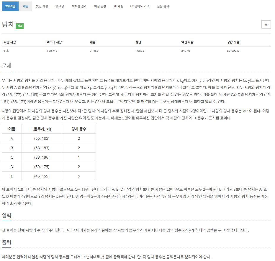  백준[JAVA] 7568.덩치 - 자바