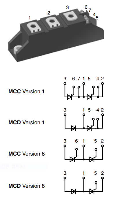 MCC95 시리즈 에서 핀번호가 적혀 있는 싸이리스터의 회로도 보기