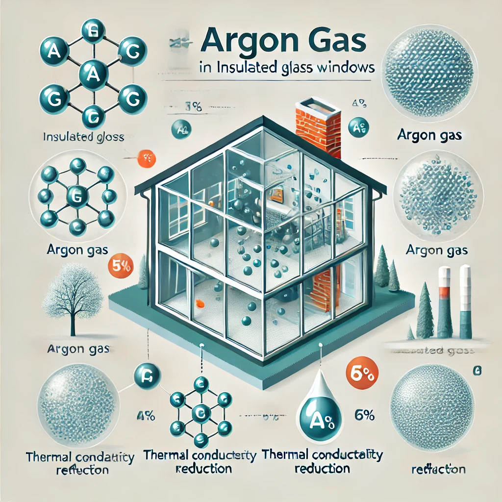 단열 유리에서 사용되는 아르곤 가스의 분자 구조와 열전도 감소 효과를 강조한 그래픽.