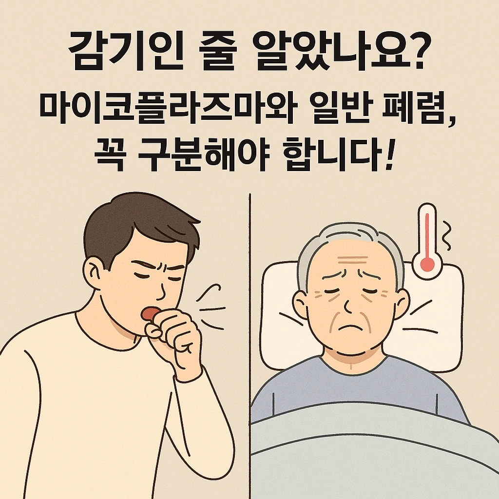 마이코플라즈마와 일반 폐렴의 차이를 설명하는 공공 건강 정보 이미지. 왼쪽에는 기침하는 남성, 오른쪽에는 의료 정보 그래픽이 함께 배치됨.