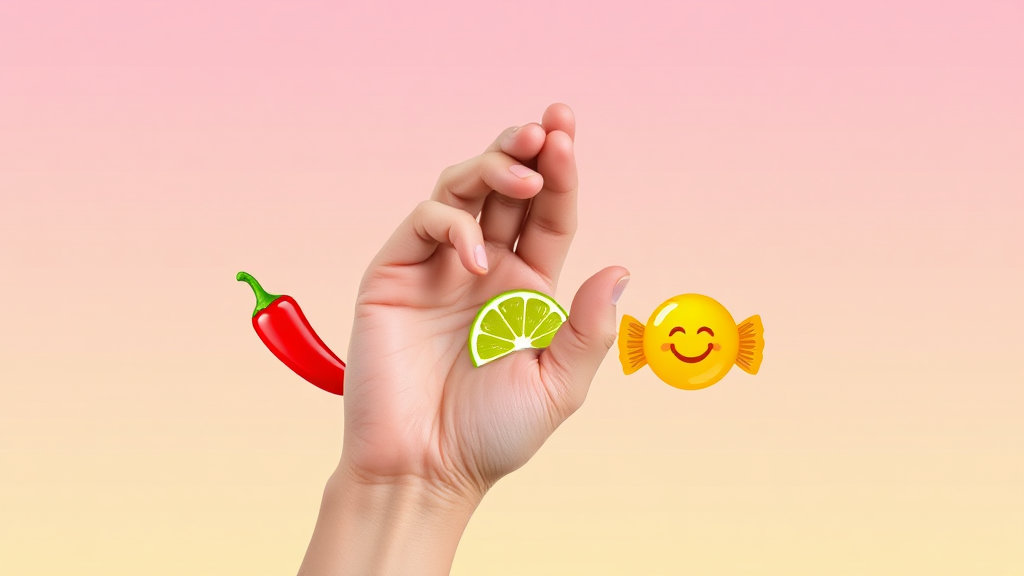 매운맛, 단맛, 신맛을 나타내는 아이콘(고추, 사탕, 레몬 등)과 함께 양념을 조절하는 손의 모습.